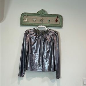 DEREK LAM 10 CROSBY Metallic Puff Sleeve Long Sleeve Top Silver Women's 40 M/L